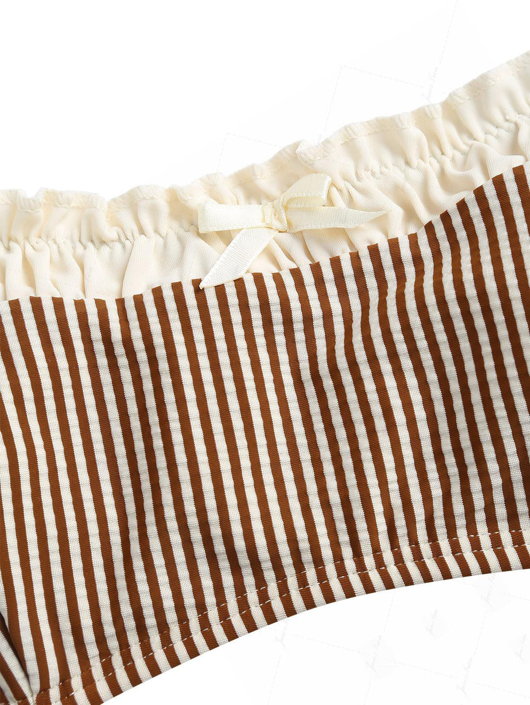 Coffee Striped Spliced Ruched Ruffles Bowknot Skirtini Bikini Set