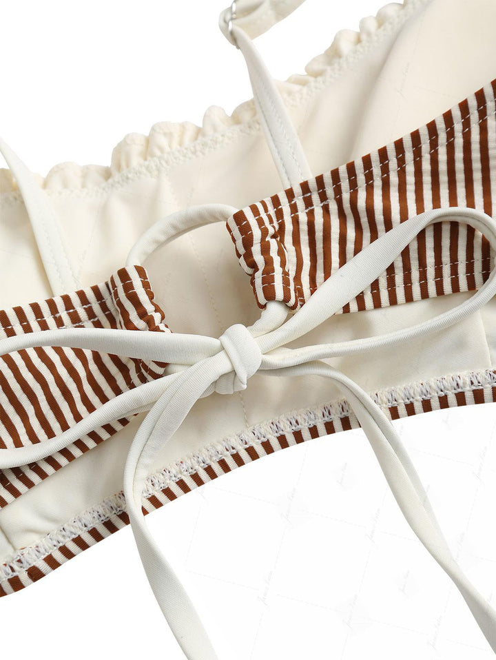 Coffee Striped Spliced Ruched Ruffles Bowknot Skirtini Bikini Set
