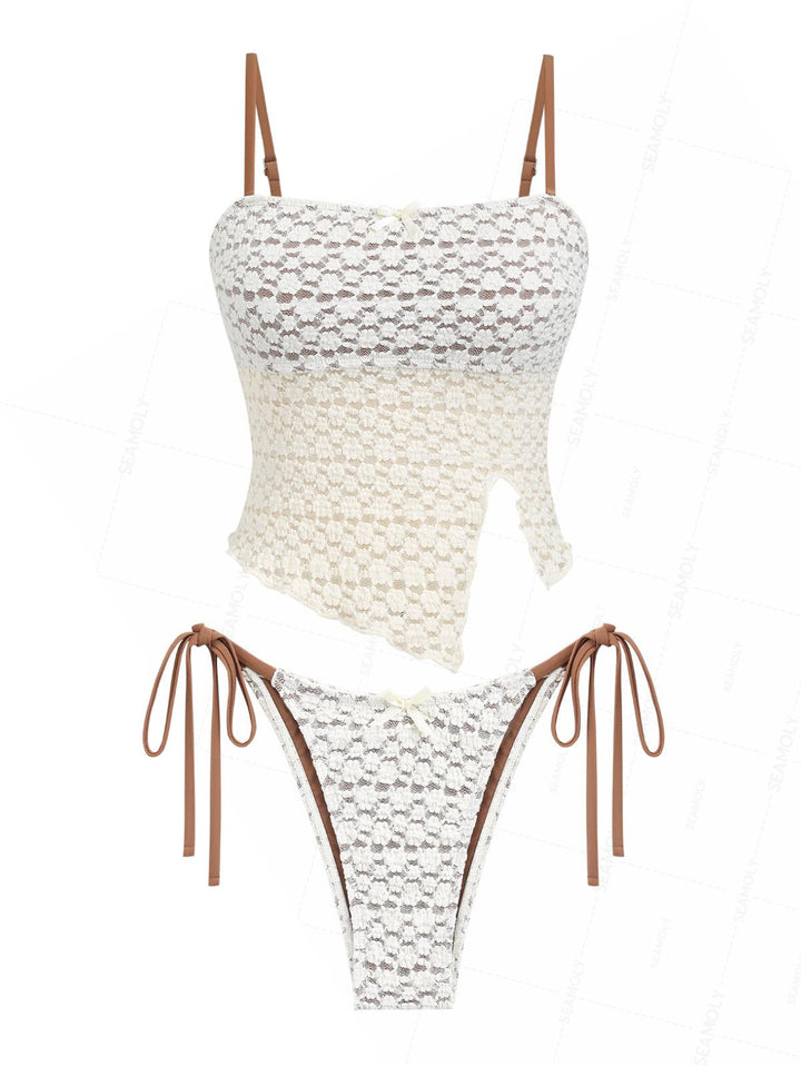 Seamolly Lace Overlay Asymmetrical Slit Bowknot Tie Side Tankini Set