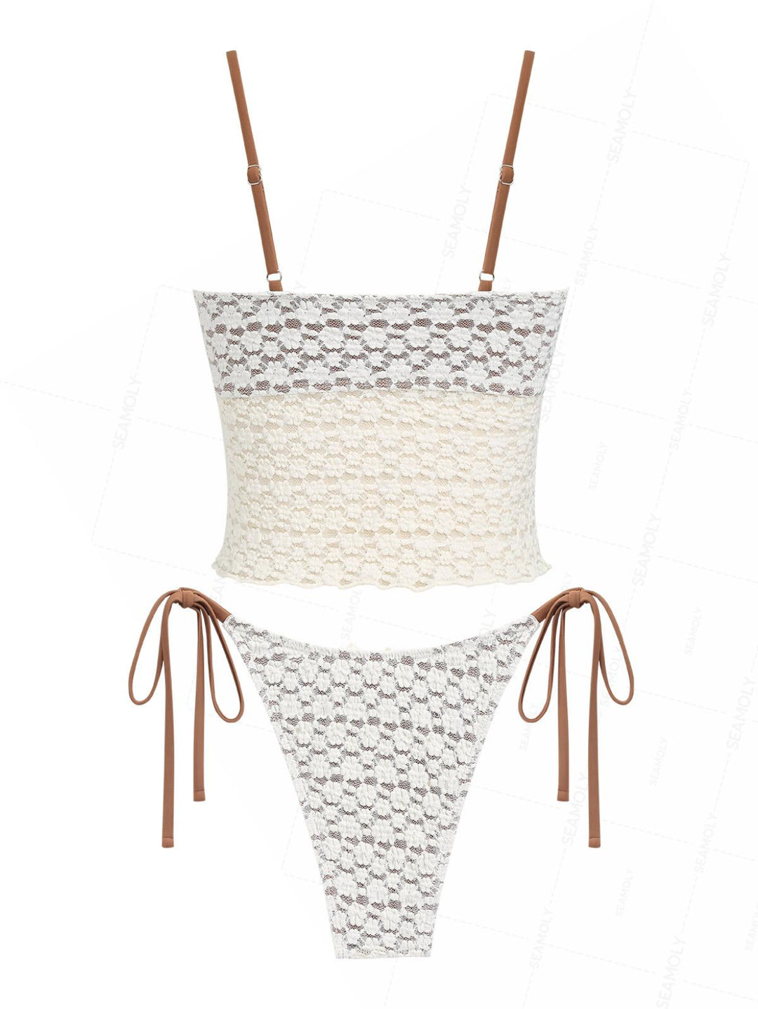 Seamolly Lace Overlay Asymmetrical Slit Bowknot Tie Side Tankini Set