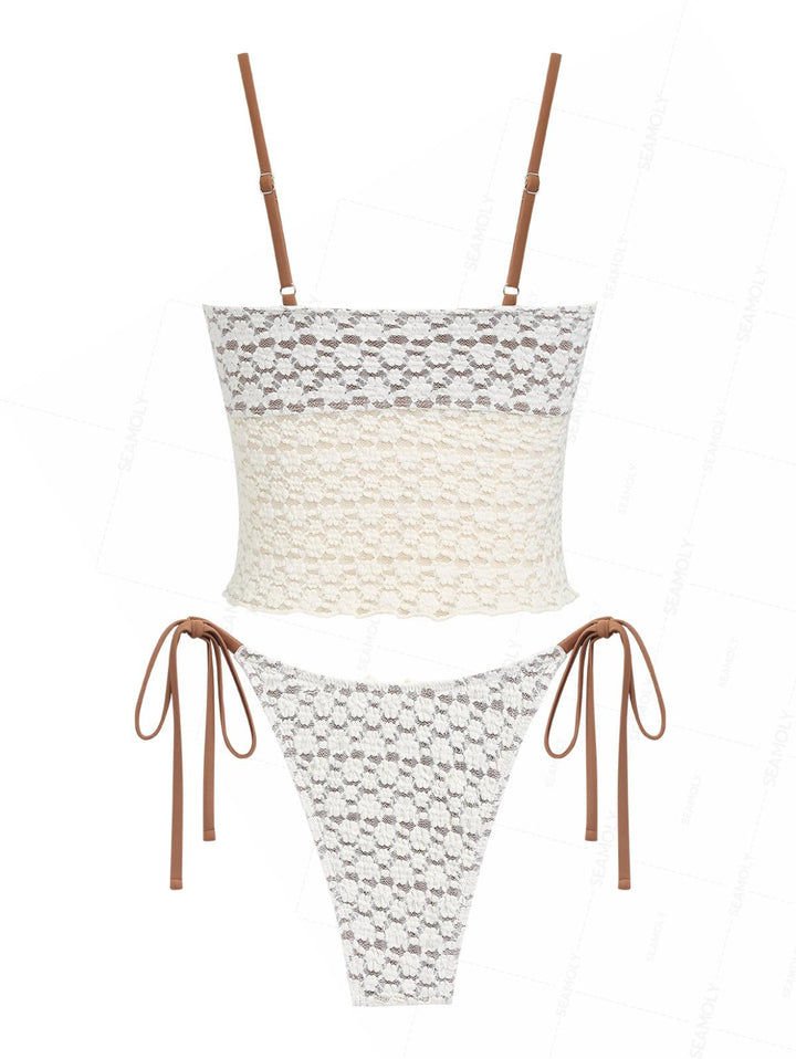 Seamolly Lace Overlay Asymmetrical Slit Bowknot Tie Side Tankini Set