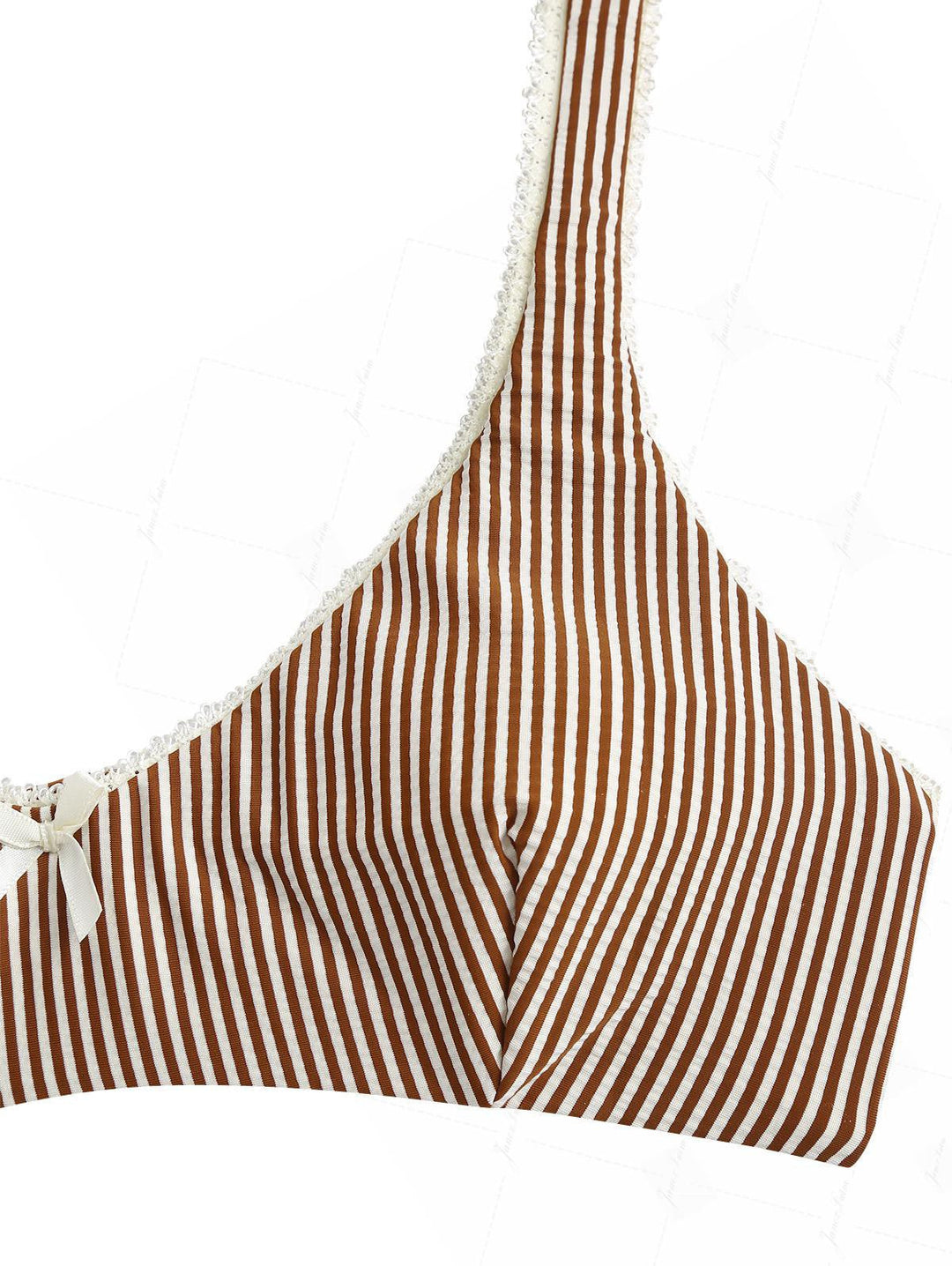 Coffee Striped Lace Bowknot Tank Style Cheeky Boyshorts Bikini Set