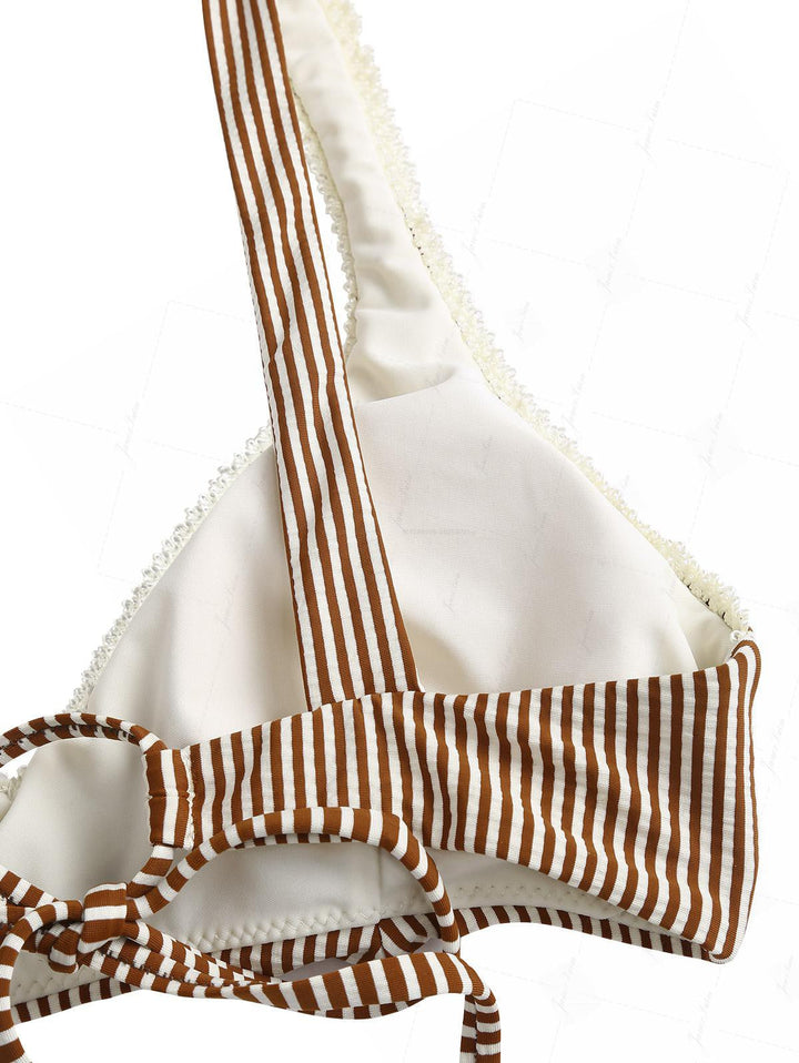 Coffee Striped Lace Bowknot Tank Style Cheeky Bikini Set