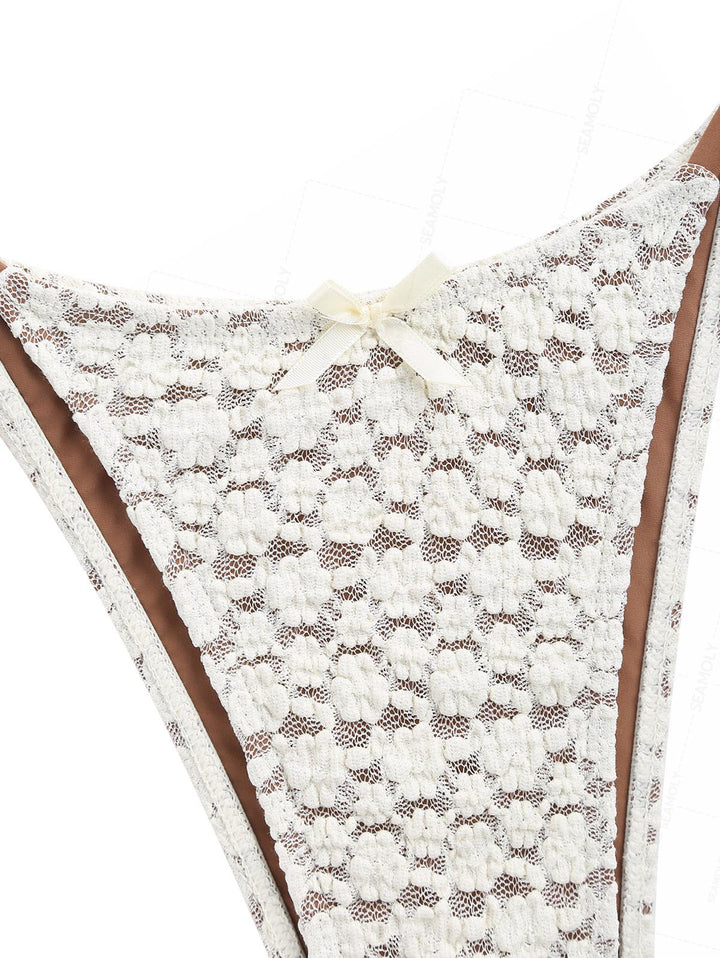 Seamolly Lace Overlay Asymmetrical Slit Bowknot Tie Side Tankini Set