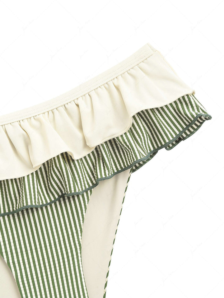 Green Striped Spliced Ruched Ruffles Bowknot Skirtini Bikini Set