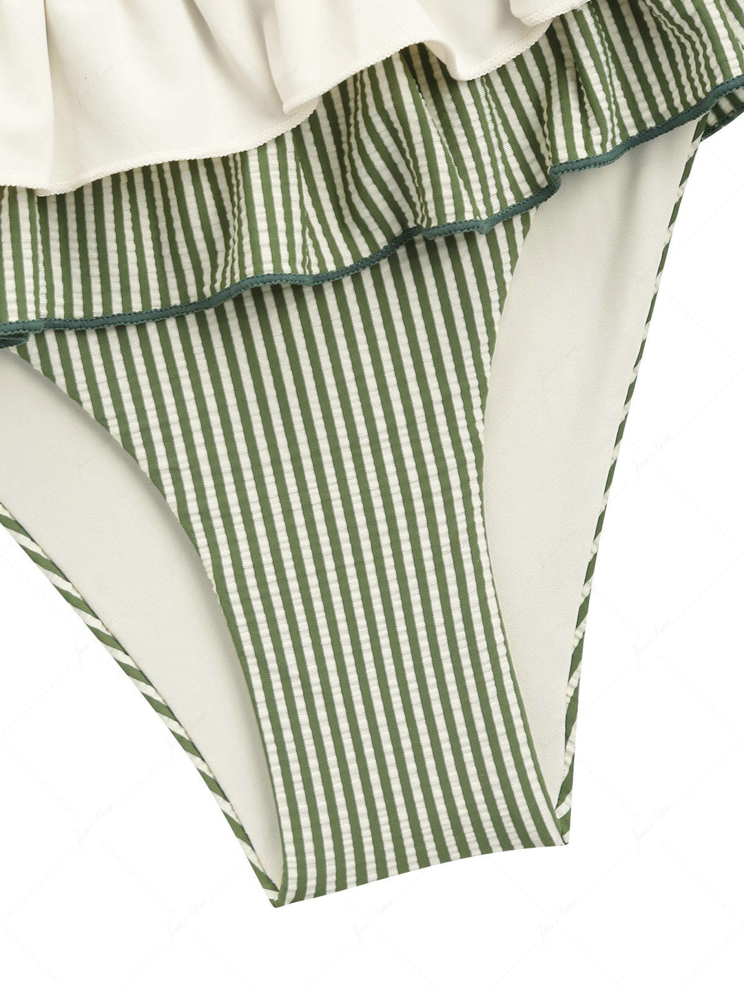 Green Striped Spliced Ruched Ruffles Bowknot Skirtini Bikini Set