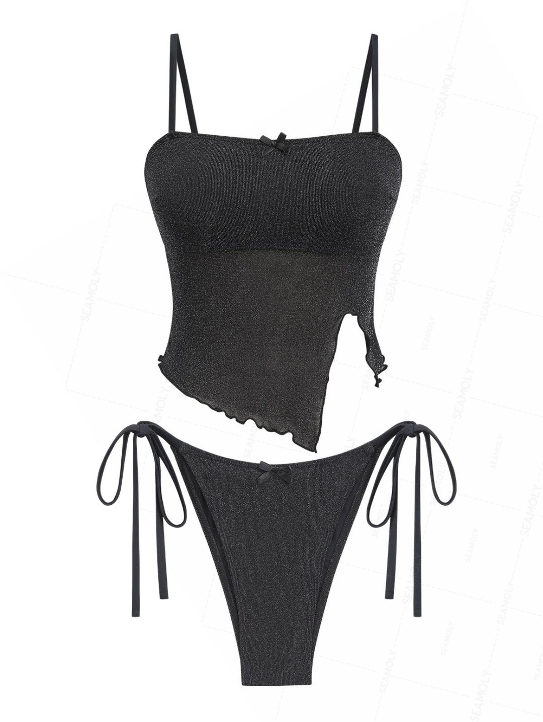 Seamolly Lurex Glitter Sparkly Asymmetrical Slit Bowknot Tie Side Tankini Set