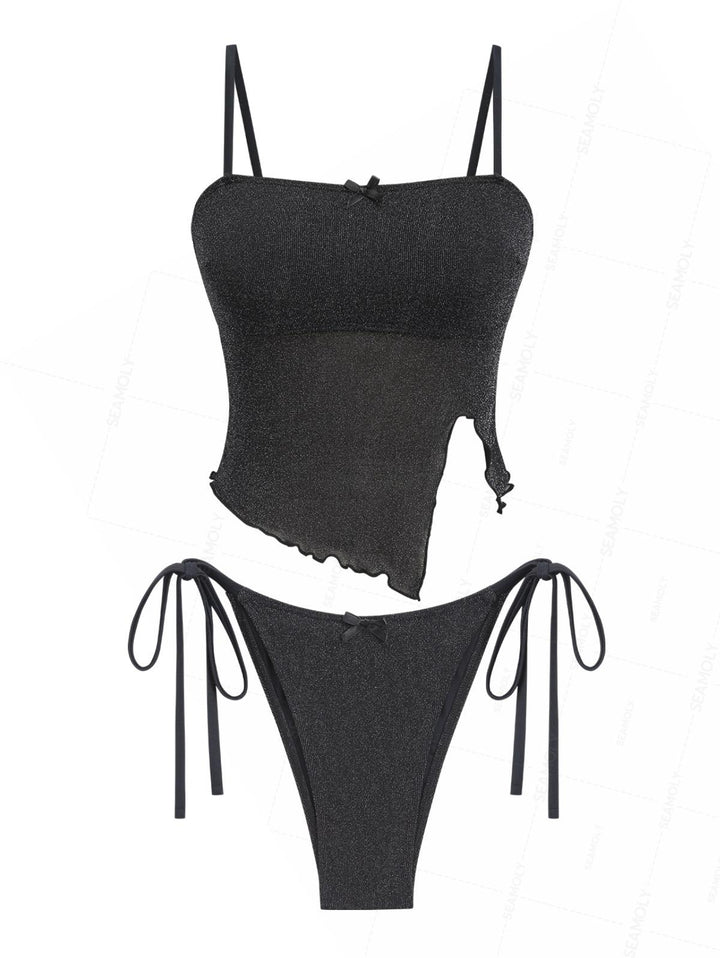 Seamolly Lurex Glitter Sparkly Asymmetrical Slit Bowknot Tie Side Tankini Set