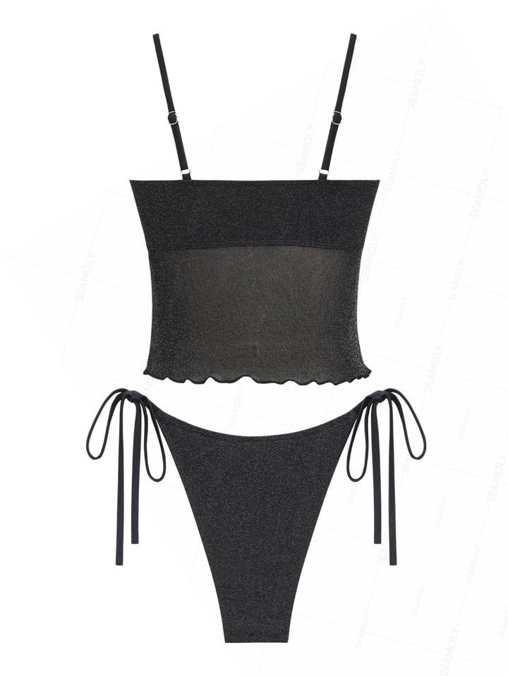 Seamolly Lurex Glitter Sparkly Asymmetrical Slit Bowknot Tie Side Tankini Set