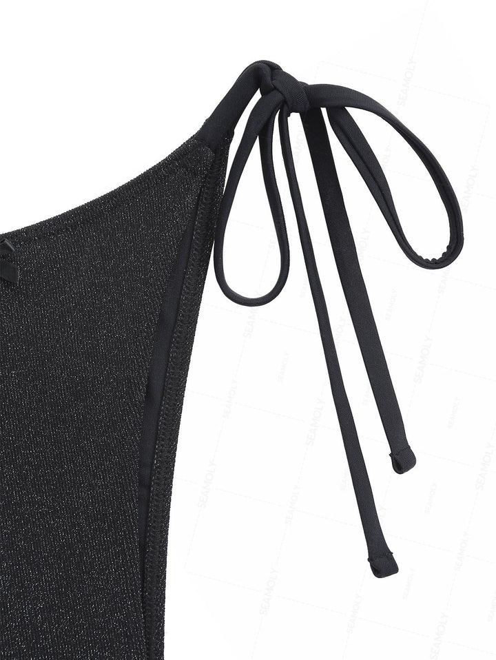 Seamolly Lurex Glitter Sparkly Asymmetrical Slit Bowknot Tie Side Tankini Set