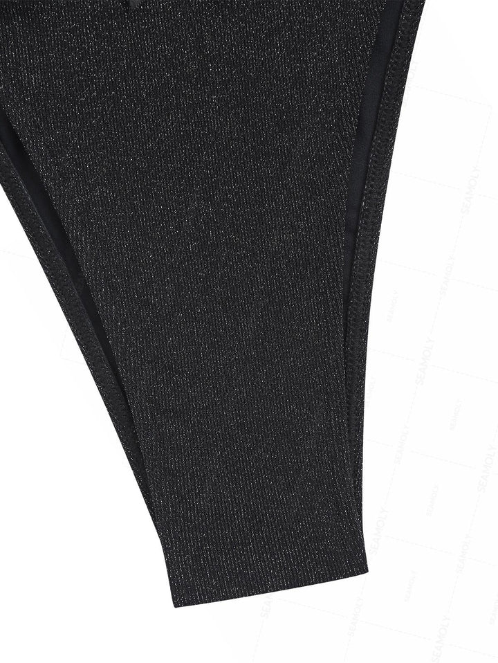 Seamolly Lurex Glitter Sparkly Asymmetrical Slit Bowknot Tie Side Tankini Set