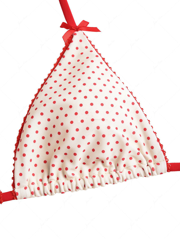 Crystal Cream Polka Dot Lace Bowknot Halter Triangle Skirtini Bikini Set