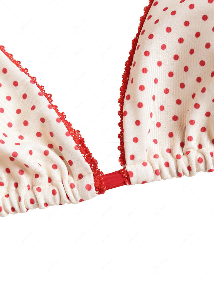 Crystal Cream Polka Dot Lace Bowknot Halter Triangle Skirtini Bikini Set
