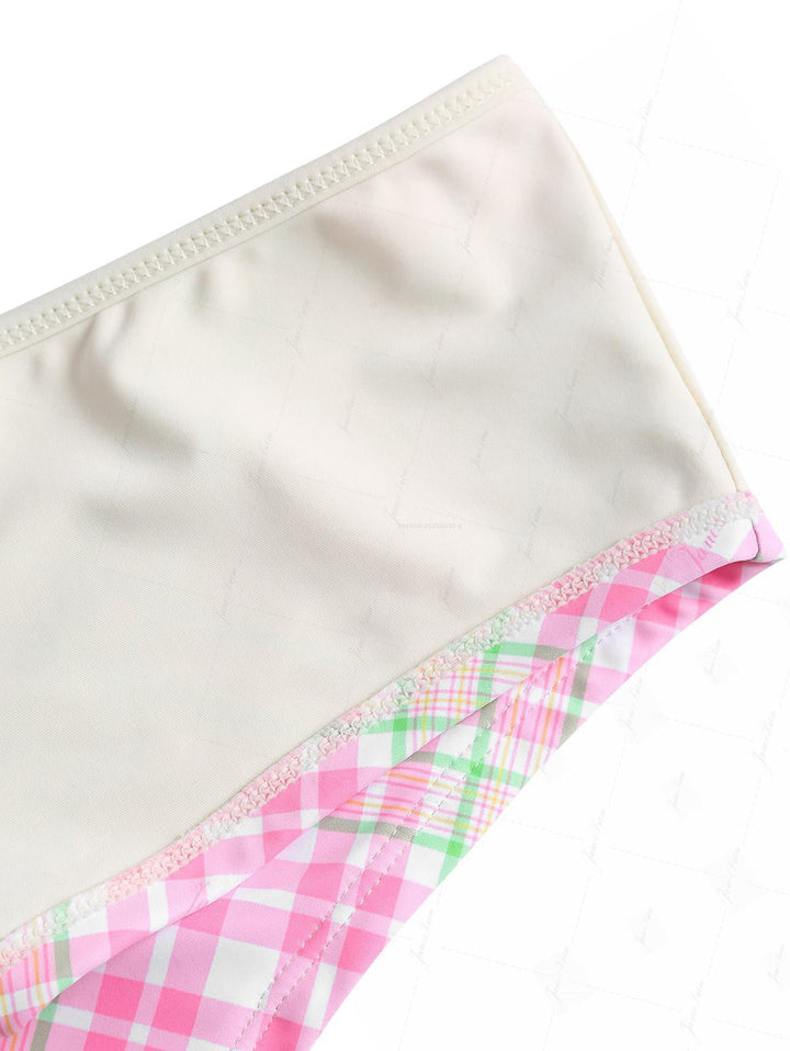 Light Pink Plaid Bowknot Cheeky Boyshorts Tankini Set