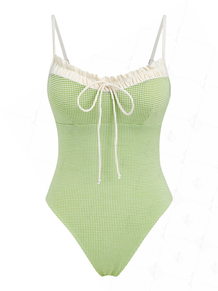 Green Plaid Vintage Spliced Ruched One-piece Swimsuit