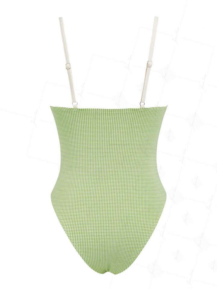 Green Plaid Vintage Spliced Ruched One-piece Swimsuit