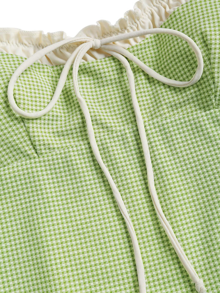 Green Plaid Vintage Spliced Ruched One-piece Swimsuit