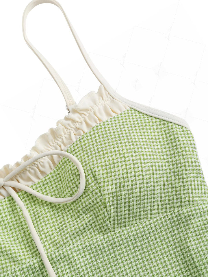Green Plaid Vintage Spliced Ruched One-piece Swimsuit