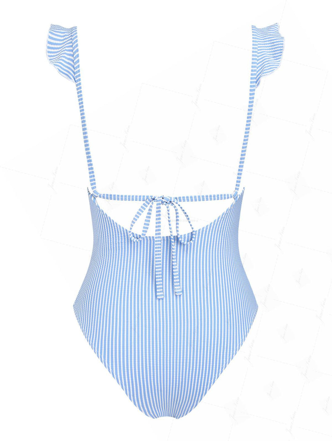 Sky Blue Striped Ruffles Deep V Neck One-piece Swimsuit