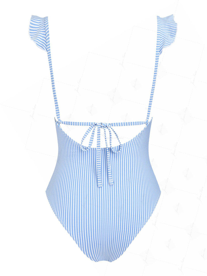 Sky Blue Striped Ruffles Deep V Neck One-piece Swimsuit