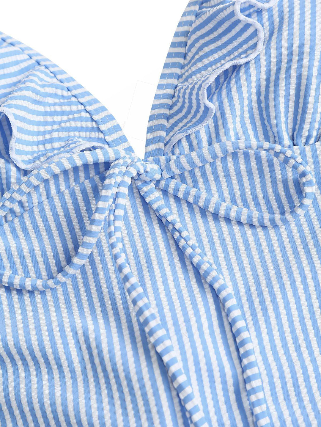 Sky Blue Striped Ruffles Deep V Neck One-piece Swimsuit