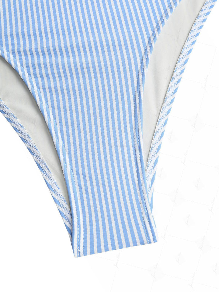 Sky Blue Striped Ruffles Deep V Neck One-piece Swimsuit