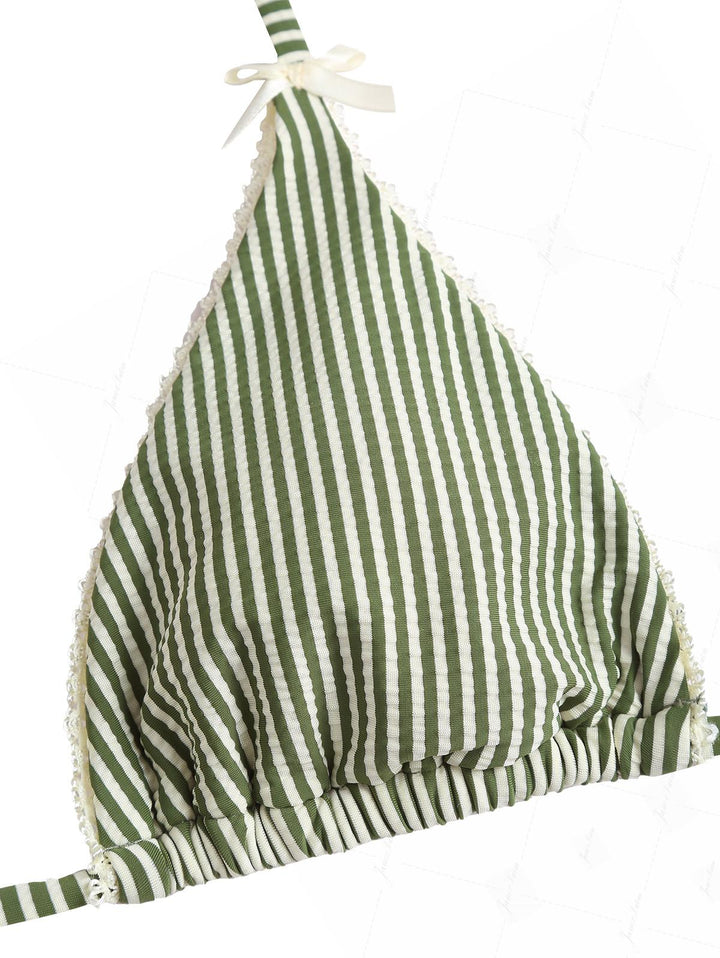 Green Striped Lace Bowknot Halter Triangle Skirtini Bikini Set