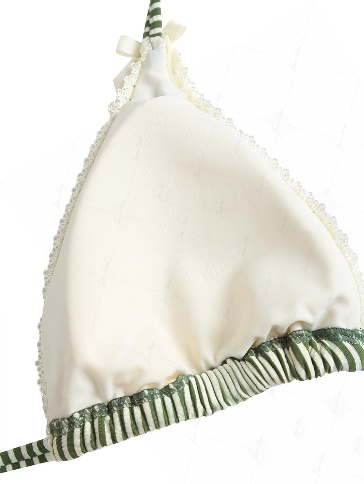 Green Striped Lace Bowknot Halter Triangle Skirtini Bikini Set