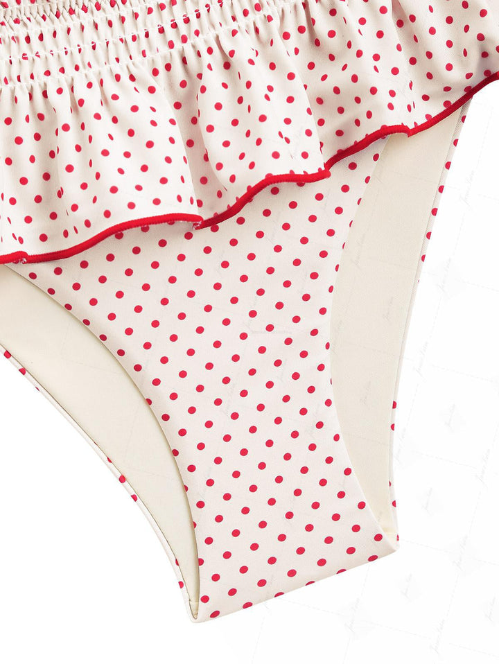Crystal Cream Polka Dot Lace Bowknot Halter Triangle Skirtini Bikini Set