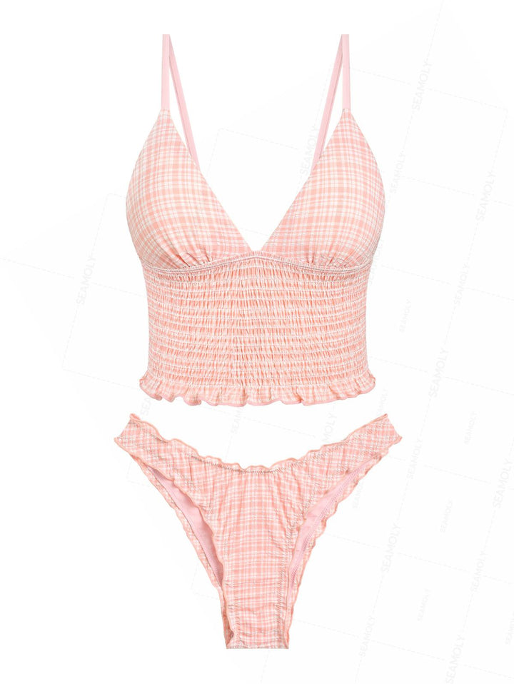 Seamolly Gingham Smocked Ruffles Plunging Neck Tankini Set