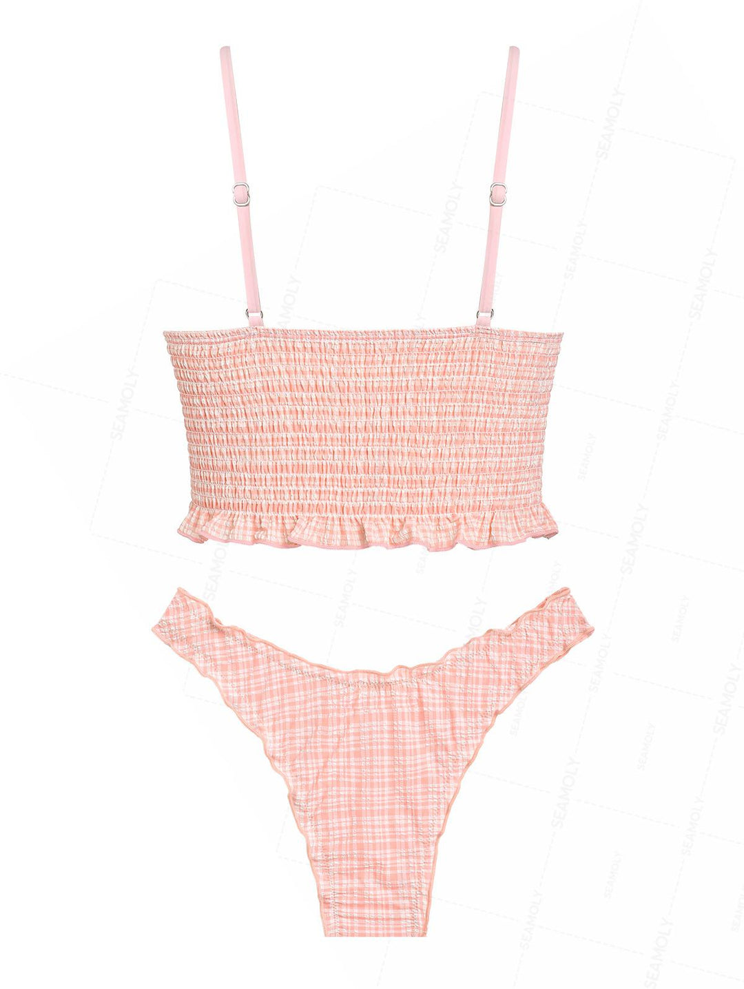 Seamolly Gingham Smocked Ruffles Plunging Neck Tankini Set