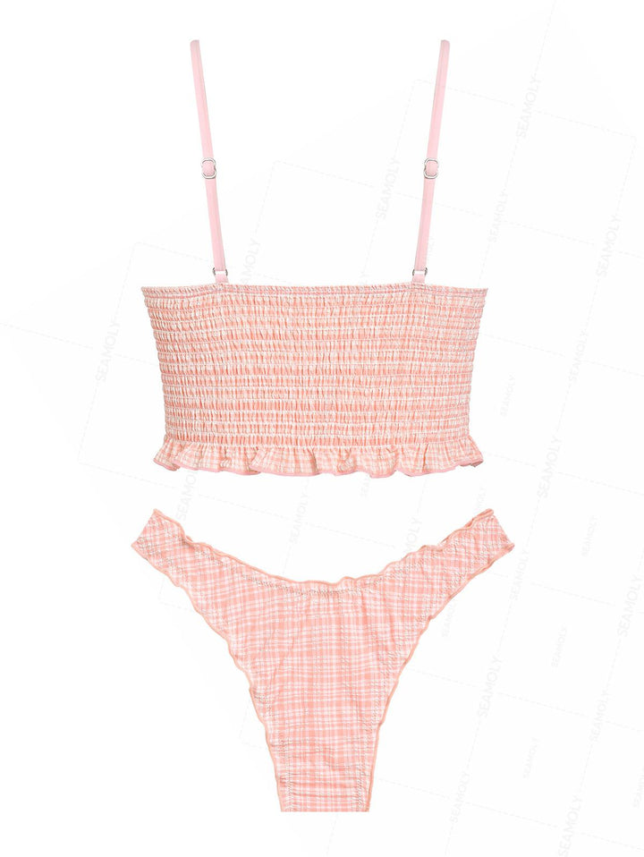 Seamolly Gingham Smocked Ruffles Plunging Neck Tankini Set