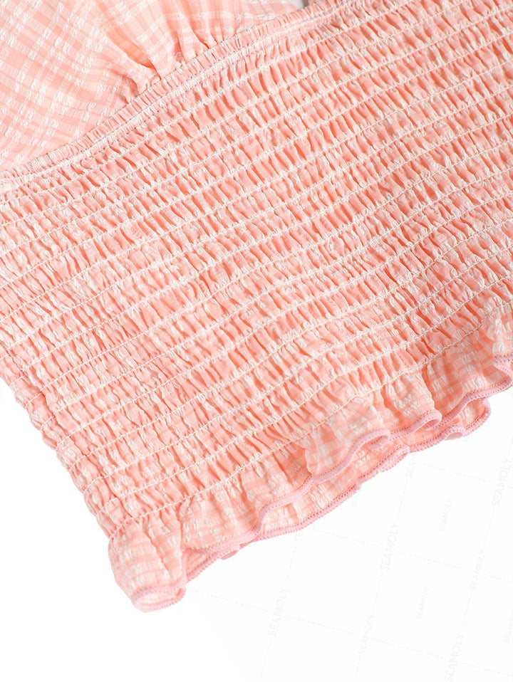 Seamolly Gingham Smocked Ruffles Plunging Neck Tankini Set