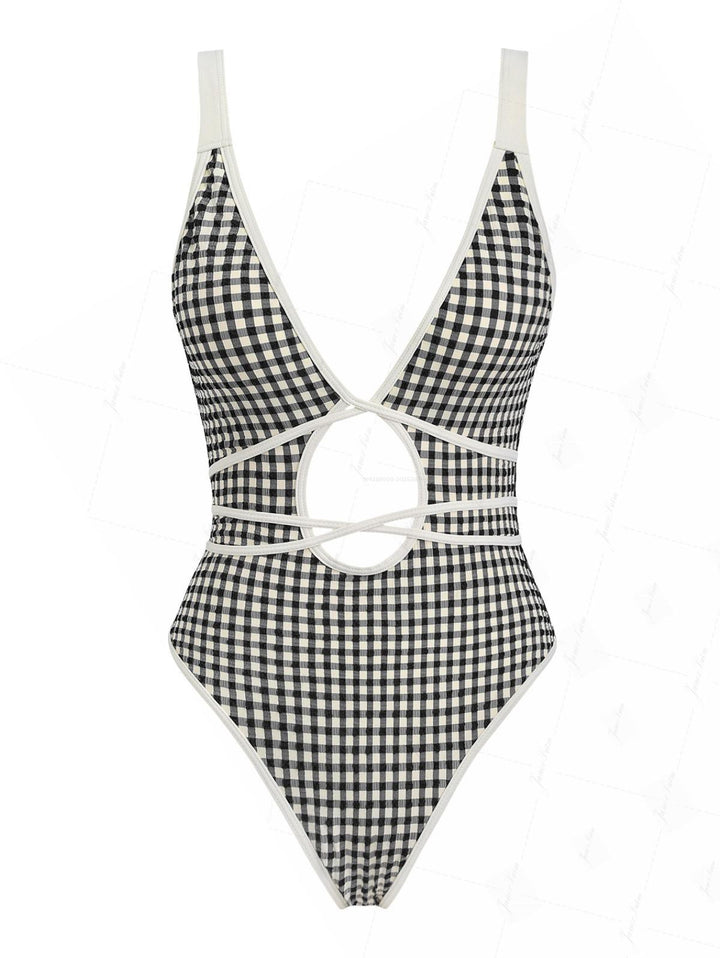1950s Pin-Up Retro Vintage Plaid Tie Around Criss Cross Backless Plunging Neck One-piece Swimsuit