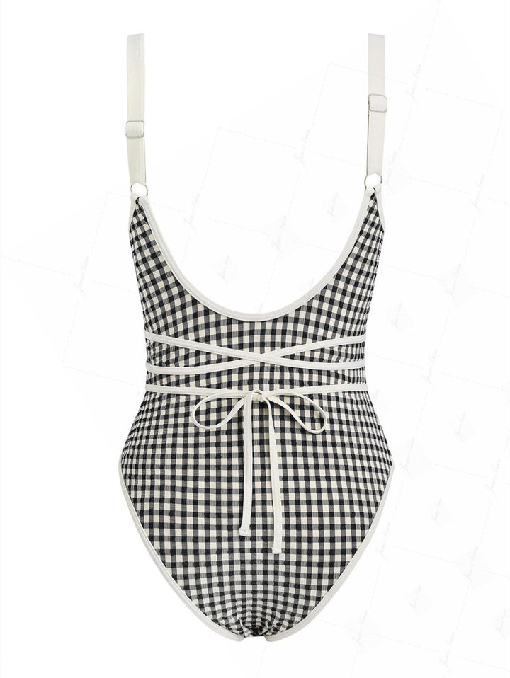 1950s Pin-Up Retro Vintage Plaid Tie Around Criss Cross Backless Plunging Neck One-piece Swimsuit