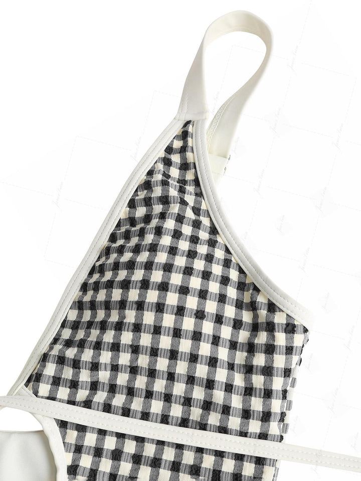 1950s Pin-Up Retro Vintage Plaid Tie Around Criss Cross Backless Plunging Neck One-piece Swimsuit