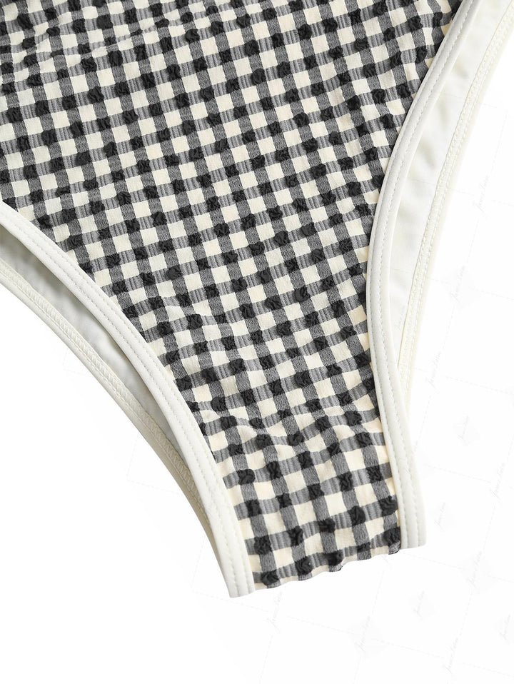 1950s Pin-Up Retro Vintage Plaid Tie Around Criss Cross Backless Plunging Neck One-piece Swimsuit