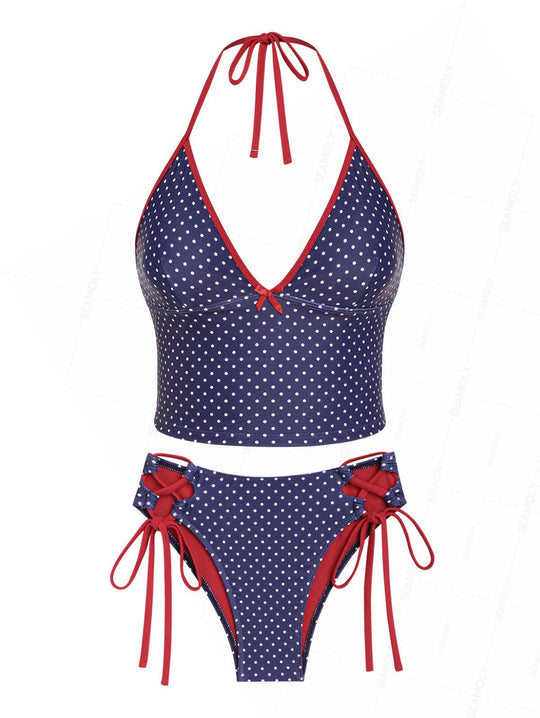 Seamolly Polka Dot Contrast Binding Cutout Tied Cheeky Boyshorts Bikini Set