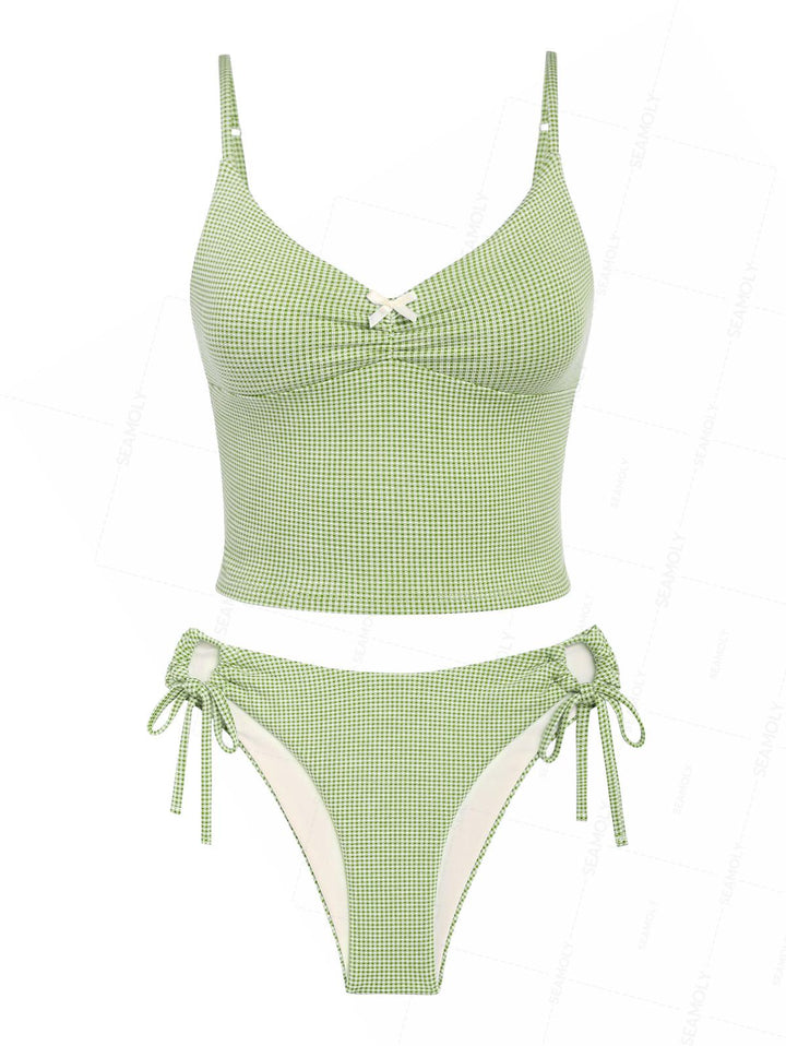 Seamolly Green Plaid Ruched Bowknot Decor Plunging Neck Cinched Tie Side Tankini Set