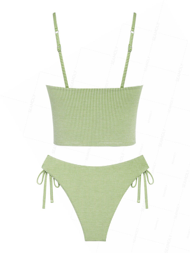 Seamolly Green Plaid Ruched Bowknot Decor Plunging Neck Cinched Tie Side Tankini Set