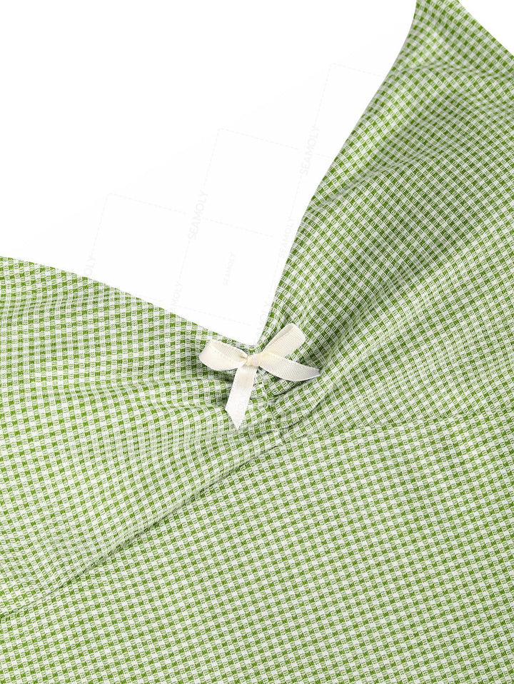 Seamolly Green Plaid Ruched Bowknot Decor Plunging Neck Cinched Tie Side Tankini Set