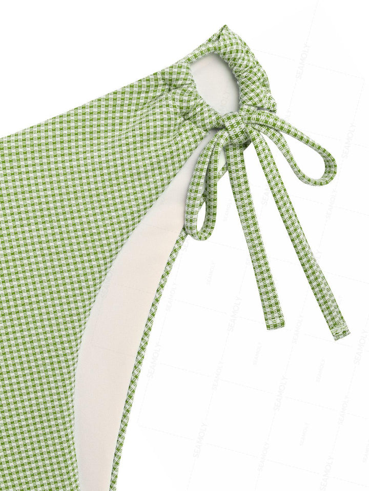 Seamolly Green Plaid Ruched Bowknot Decor Plunging Neck Cinched Tie Side Tankini Set