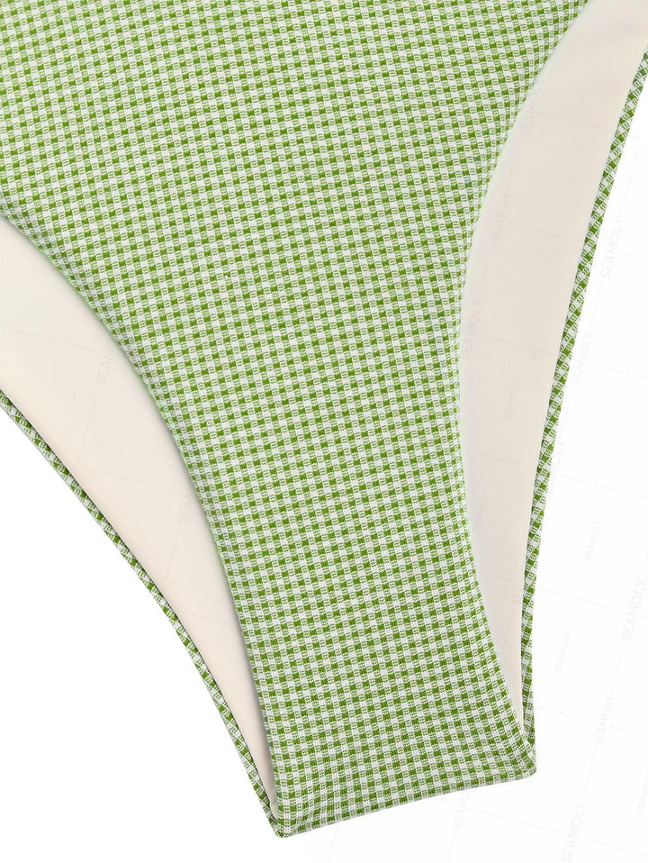 Seamolly Green Plaid Ruched Bowknot Decor Plunging Neck Cinched Tie Side Tankini Set