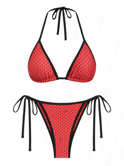 Seamolly 3 Piece Polka Dot Picot Trim Triangle Brazilian Cheeky Boyshort Bikini Set