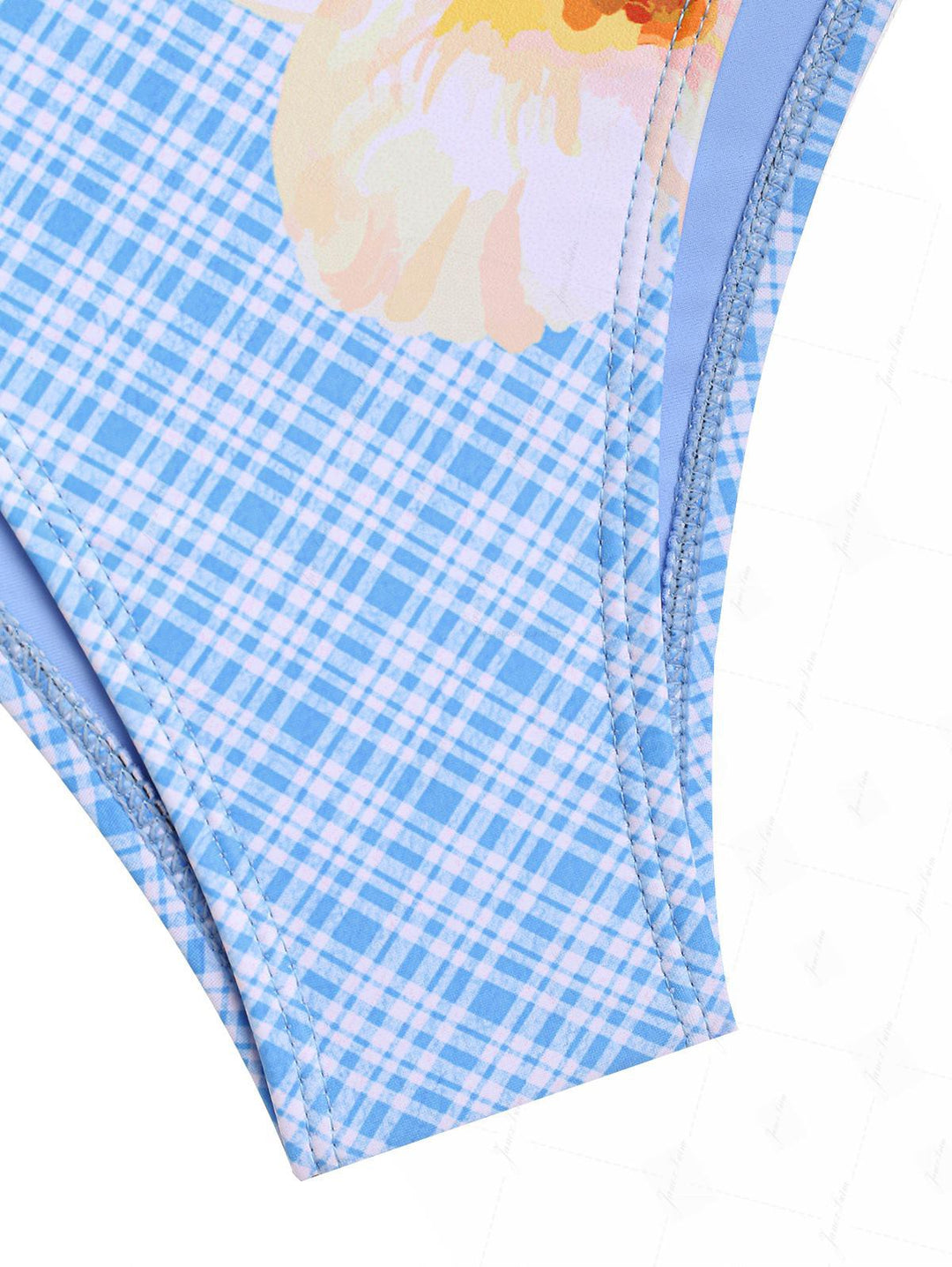 Light Blue Plaid Floral Hibiscus Halter Tied Tankini Set