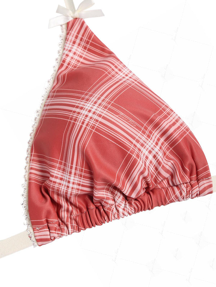 Red Vintage Plaid Lace Bowknot Halter Triangle Cheeky Boyshorts Bikini Set