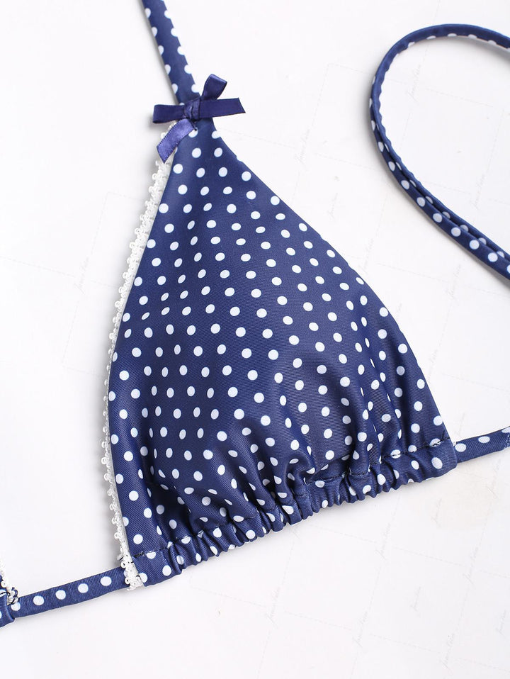 Janex Deep Blue Polka Dot Lace Bowknot Halter Triangle Skirtini Bikini Set