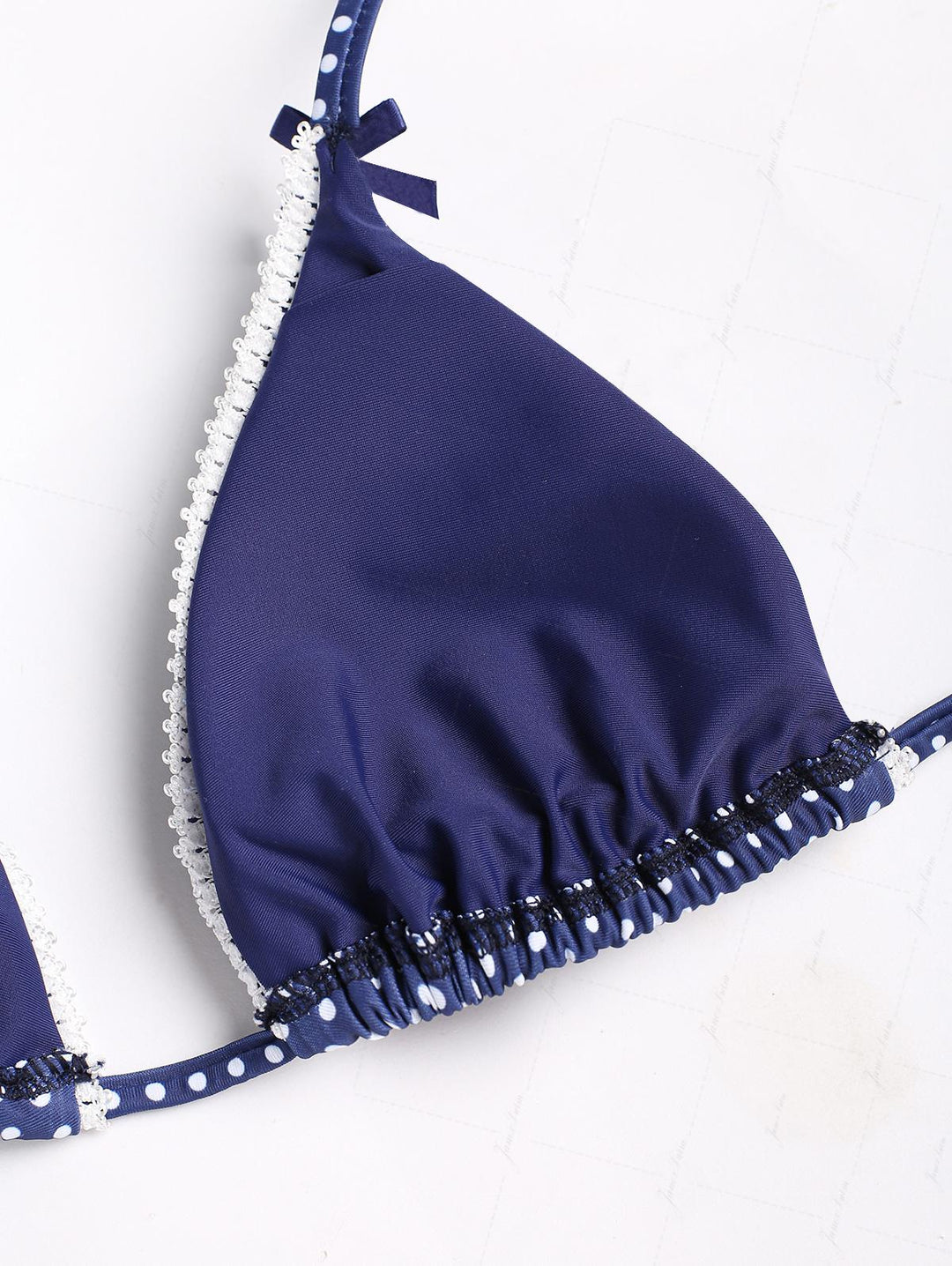 Janex Deep Blue Polka Dot Lace Bowknot Halter Triangle Skirtini Bikini Set
