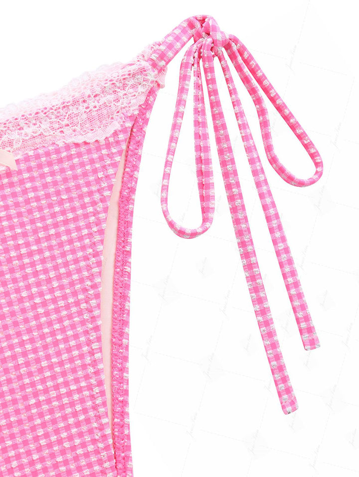Light Pink Bubble Grid Picot Bowknot Tie Side Tankini Set