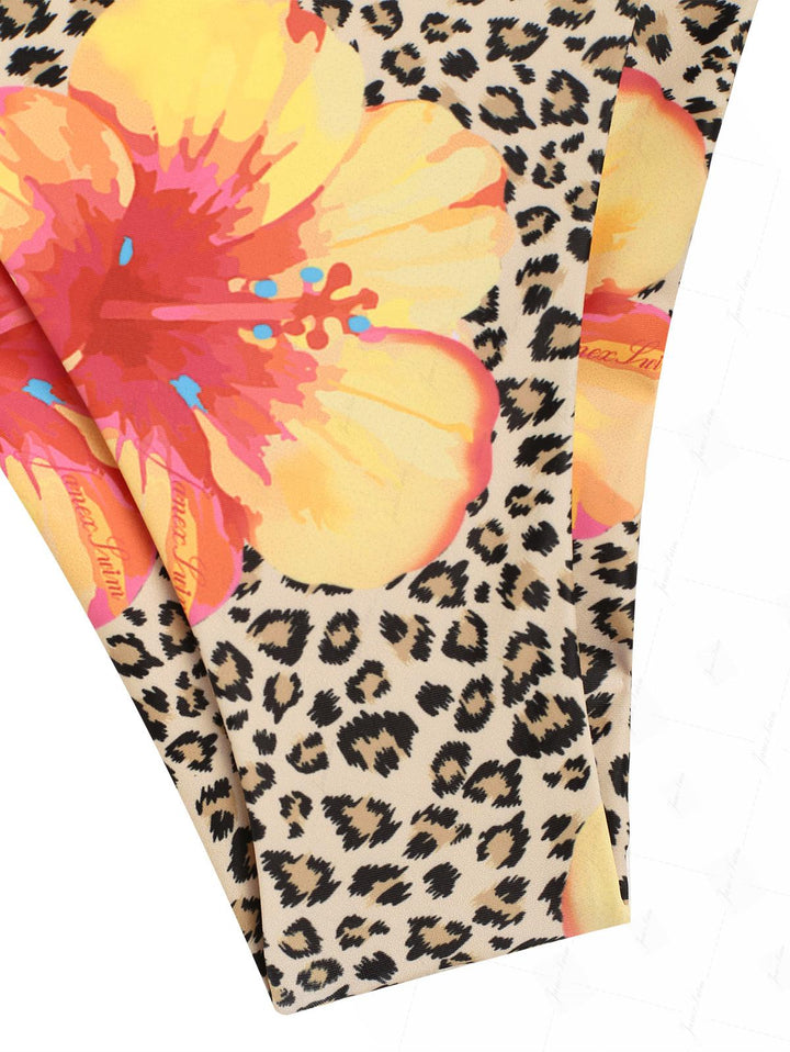 Leopard Floral Hibiscus Print Lace Bowknot Halter Triangle Bikini Set